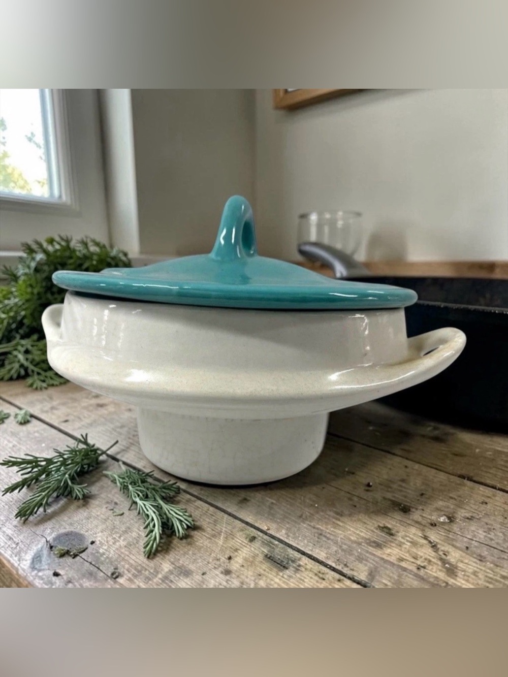 Vintage Calif USA 247 Covered Casserole Dish Turquoise Lid Mid Century Pottery